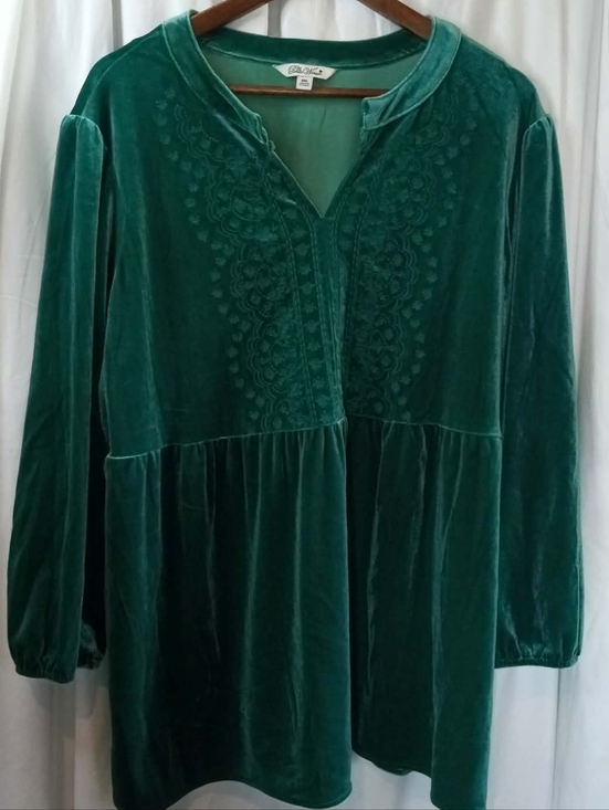 The Pioneer Woman Tops - XXL Plus Pioneer Woman Velvet Embroidered Shirt Flowy Stretch Green Goth Peasant